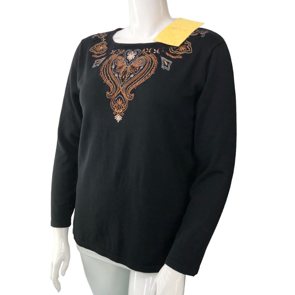 Linea Womens Size M Black Knit Top Boho Embroidery Tunic Length NEW *TINY FLAW